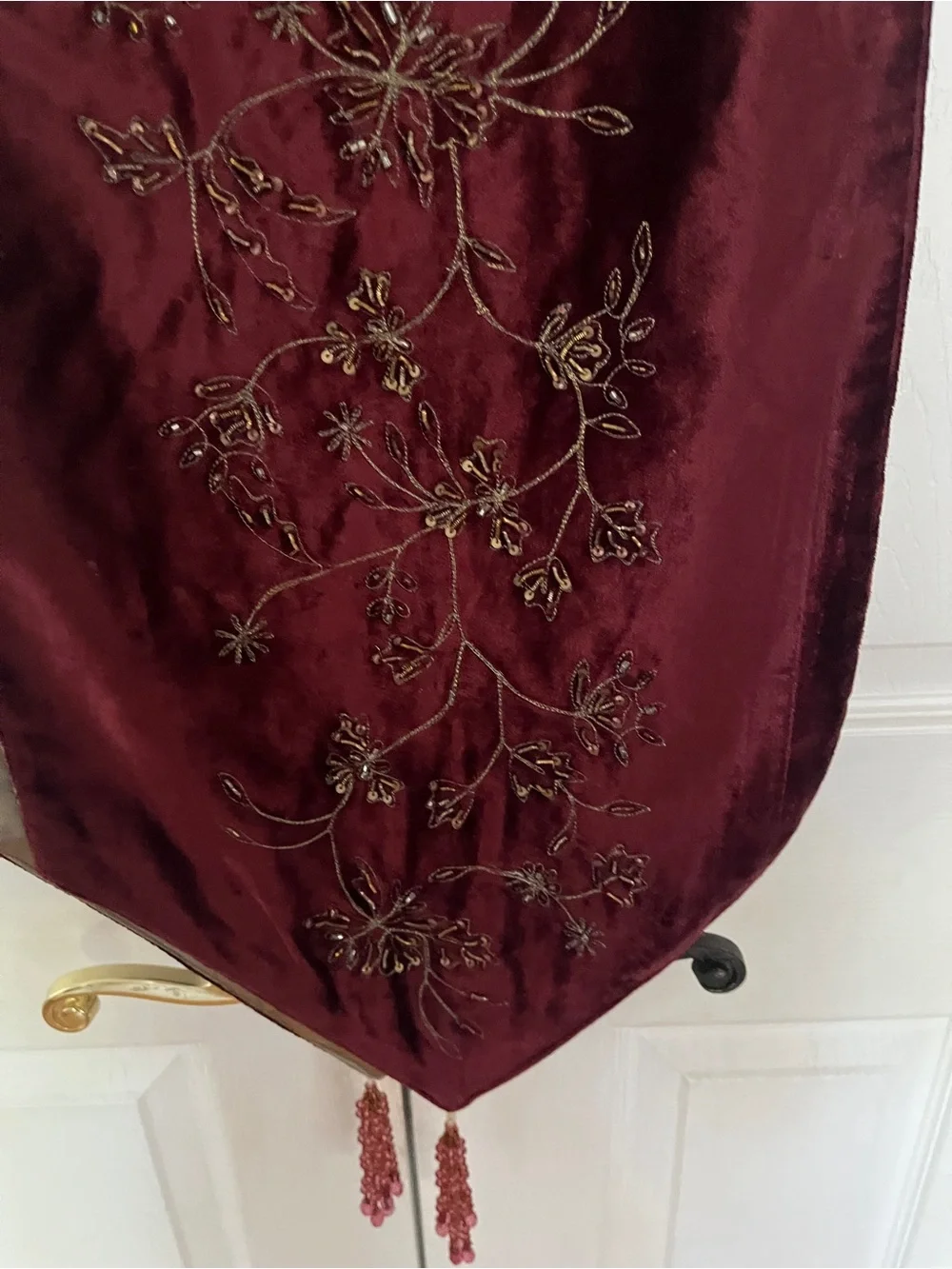 maroon velvet runner gold thread embroidery beads tassels 13” x 74”